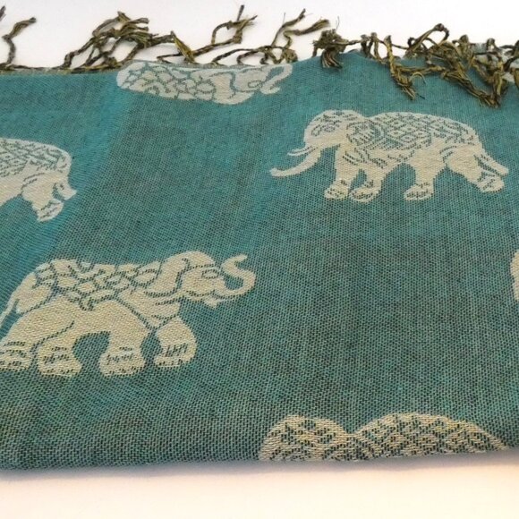 Silk Cashmere Scarf Teal Purple Pashmina Thailand Gold Embossed Elephant Luck NW - Picture 4 of 6
